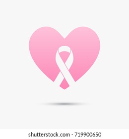 Diseño de conciencia del cáncer de mama con corazón rosado y cinta. Ilustración de cinta rosa para campañas de sensibilización, apoyo y organizaciones benéficas.