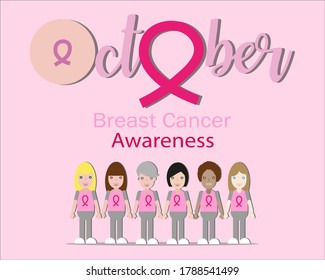 Breast Cancer Awareness Design. Stroke Pink Ribbon with character paper cut style. October is Cancer Awareness Month.