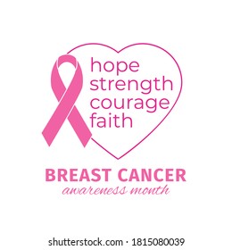 Breast cancer awareness design with text hope, strength, faith, courage. Pink ribbon with heart. Logo for information campaigns, support and charities. Vector flat design illustration