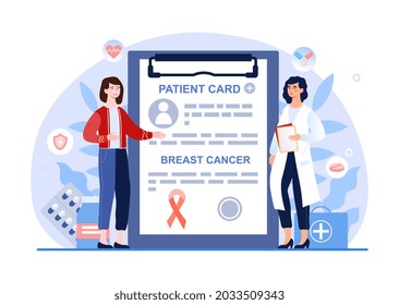 Breast cancer awareness, doctor checkup female patient, health care and disease prevention. Flat illustration cartoon vector concept web poster design isolated on white background