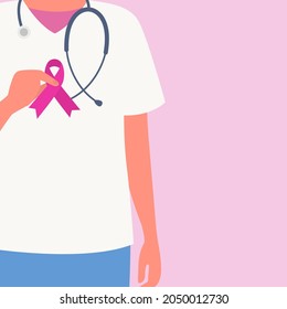 Breast Cancer Awareness. Doctor holding pink ribbon. Doctors closeup. Vector