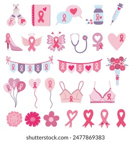 Breast cancer awareness elements set. Pink October, pink ribbons, cancer warrior, cancer survivor, women's health, female empowerment. Hand drawn vector illustrations.