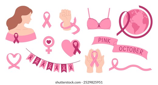 Conjunto de elementos de conscientização do câncer de mama. Mês de outubro rosa. Fitas rosa, mulher, sutiã, mãos, corações, bandeiras e terra. Ilustração plana vetorial isolada sobre fundo branco