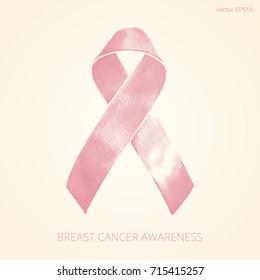 Breast Cancer awareness engraved symbol. Vintage design of the pink ribbon of etching or engraving style. Creative emblem of a struggle against women's cancerous diseases on a warm beige background.