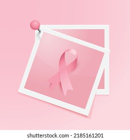 Diseño de afiches para el evento de sensibilización sobre el cáncer de mama. Cinta rosada en marcos fotográficos instantáneos. Ilustración vectorial.