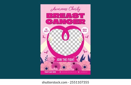 Breast Cancer Awareness Flyer. Multiethnic group of women with pink ribbon. Disease prevention, solidarity or charity campaign flyer.