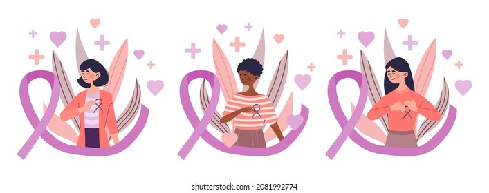 Breast cancer awareness. Girls celebrate international holiday, pink ribbons to inform people. Health care, medicine, treatment of diseases, oncology, ilness. Cartoon flat vector illustration