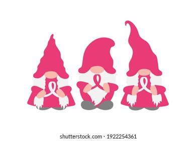 Breast cancer awareness Gnomes, girl gnomes with pink signs of hope and solidarity - pink ribbon, breast cancer awareness month October design, female disease fight and prevention, vector illustration