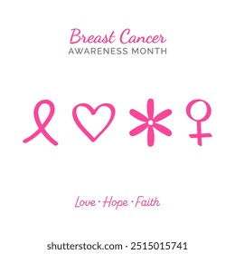 Breast cancer awareness graphic template vector pink ribbon, flower, heart, flower or female vector graphic or illustration for breast cancer awareness month, hope love faith symbols vector
