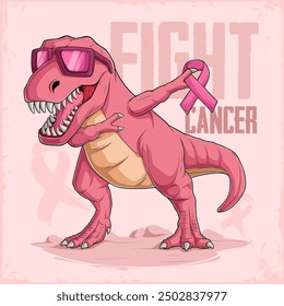 Breast cancer awareness Hand drawn funny pink dinosaur T Rex doing dab dance wearing pink sunglasses