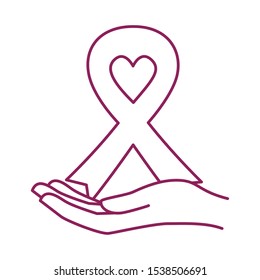 Breast Cancer Awareness hand lifting ribbon campaign vector illustration design