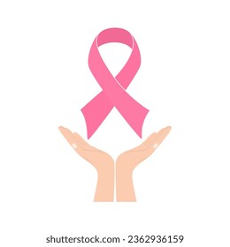 Conciencia sobre el cáncer de mama. Manos con cinta rosa. Diseño de plantillas web de la campaña de solidaridad para la salud femenina en el mes de octubre. Ilustración vectorial.