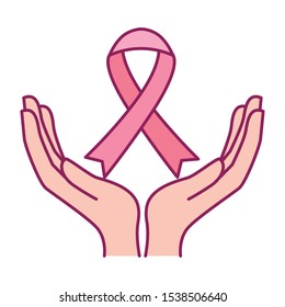 Breast Cancer Awareness hands with ribbon campaign vector illustration design