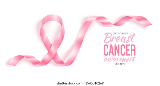 Breast cancer awareness horizontal banner with pink ribbon with shadow on a white background. Symbol of world breast cancer awareness month in october. Vector stock illustration.