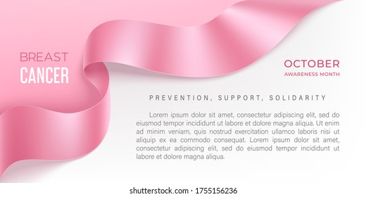 Breast cancer awareness horizontal banner with pink ribbon with shadow on a light background. Symbol of world breast cancer awareness month in october. Vector illustration.