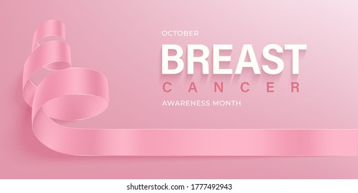 Breast cancer awareness horizontal banner with pink ribbon with shadow on a pink background. Symbol of world breast cancer awareness month in october. Vector illustration.