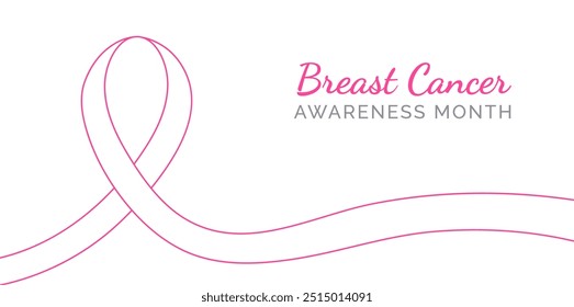 Design de banner horizontal com reconhecimento de câncer de mama. Estilo de arte de linha feminino cor-de-rosa projeto de fita com espaço branco Breast Cancer Conscientização Mês vetor gráfico ou ilustração