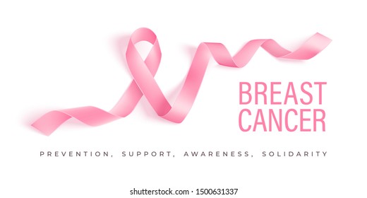 Breast cancer awareness  horizontal poster. Photo realistic pink ribbon on white background. Vector illustration. Prevention, support, awareness, solidarity text.
