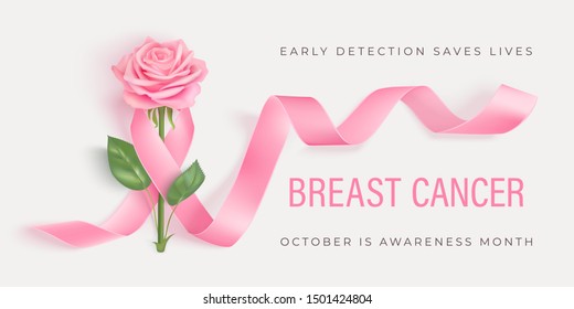 Breast cancer awareness  horizontal poster. Photo realistic pink ribbon an rose on light background. Vector illustration. Prevention, support, awareness, solidarity text.