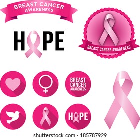 Breast Cancer Awareness Icons 2. Set of vector graphic images and flat icons highlighting the cause for breast cancer awareness.