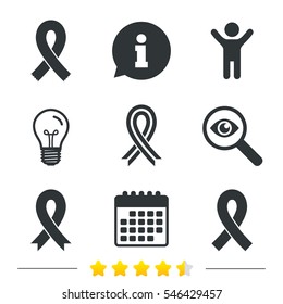 Breast cancer awareness icons. Ribbon sign symbols. Information, light bulb and calendar icons. Investigate magnifier. Vector