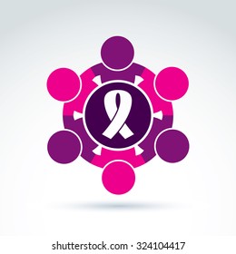 Breast cancer awareness idea. Vector illustration of group of people cooperating, association for female health protection.
