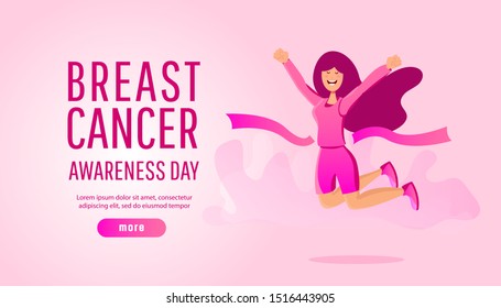 Breast cancer awareness illustration concept of running sport or charity run with young girl running. Winning a running sport competition