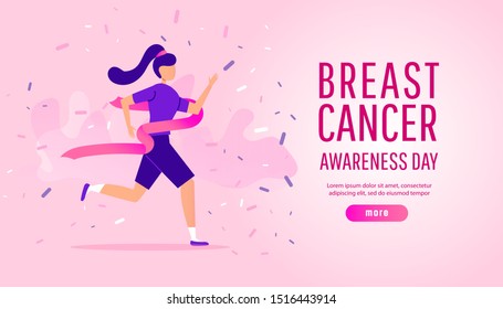 Breast cancer awareness illustration concept of running sport or charity run with young girl running