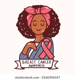 Breast cancer awareness illustration with girl and ribbon icon