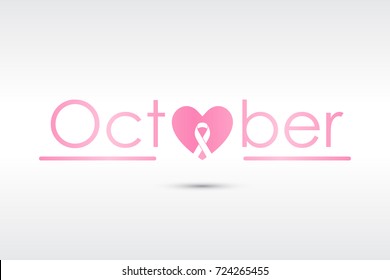 Breast cancer awareness illustration with october text and a pink heart icon with a ribbon in the middle. Illustration for breast cancer support, prevention and charity.