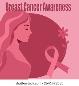 Breast Cancer Awareness Illustration with Pink Ribbon and Woman Silhouette

