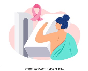 Breast Cancer Awareness illustration of a woman patient getting a breast screening test / mammogram on x-ray machine. Pink breast cancer ribbon, mammography exam to detect breast cancer early - vector