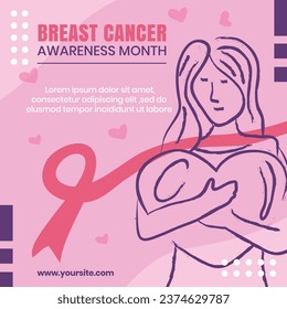 Breast cancer awareness Instagram post featuring a hand-drawn vector illustration of a woman holding a heart.