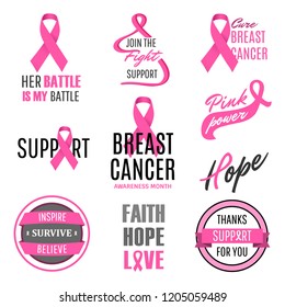 Breast cancer awareness labels set isolated on white background. Vector illustration