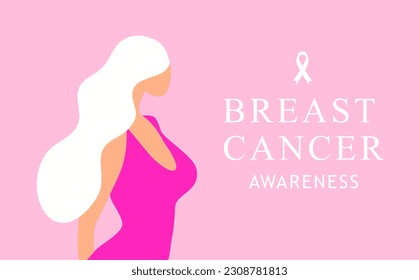 Breast cancer awareness for love and support. Beautiful young woman standing with pink ribbon brooch  vector illustration. Breast cancer concept background
