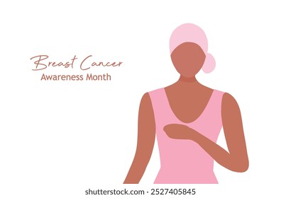 Conciencia del cáncer de mama para el amor y la Asistencia. Hermosas mujeres jóvenes tocando su pecho con Ilustración vectorial de broche de cinta rosa. Fondo del concepto de cáncer de mama