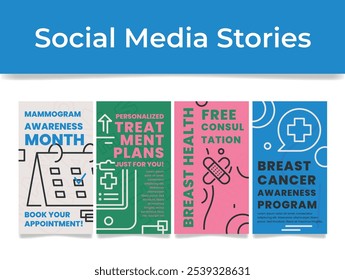 Breast cancer awareness mammogram health social media stories design template set vector flat illustration. Female healthcare information poster medical disease diagnostic internet advertising