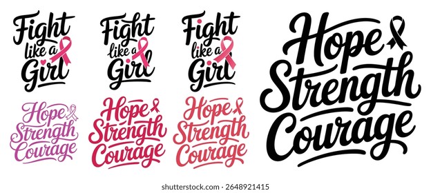Breast cancer awareness message designs featuring pink ribbons and inspirational typography