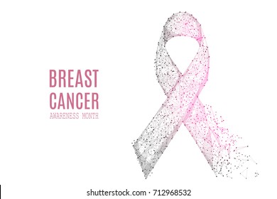 breast cancer awareness month. Abstract pink ribbon isolated on dark background. Low poly wireframe digital illustration with destruct shapes. Polygonal vector illustration