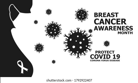 Breast cancer awareness month againts covid 19 corona virus disease. black white background concept
