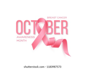 Breast cancer awareness month background. Realistic pink ribbon with 3d text. Vector illustration