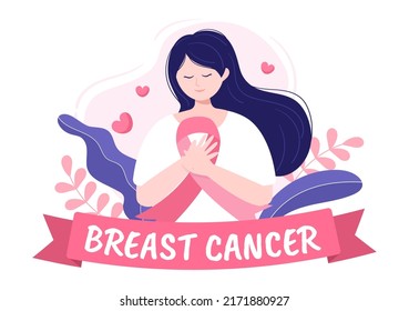 Breast Cancer Awareness Month Background Cartoon Illustration with Ribbon Pink and Woman for Disease Prevention Campaign or Healthcare