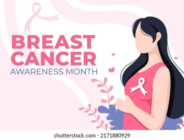 Breast Cancer Awareness Month Background Cartoon Illustration with Ribbon Pink and Woman for Disease Prevention Campaign or Healthcare