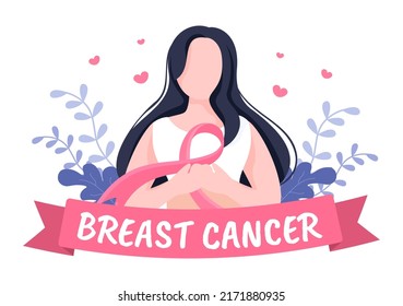 Breast Cancer Awareness Month Background Cartoon Illustration with Ribbon Pink and Woman for Disease Prevention Campaign or Healthcare