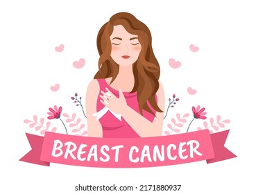 Mes de Concienciación sobre el Cáncer de Mama Caricatura Ilustración con cinta rosa y mujer para la campaña de prevención de enfermedades o atención de la salud