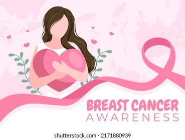 Mes de Concienciación sobre el Cáncer de Mama Caricatura Ilustración con cinta rosa y mujer para la campaña de prevención de enfermedades o atención de la salud