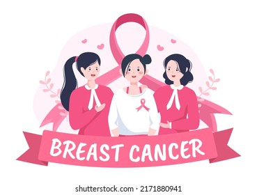 Breast Cancer Awareness Month Background Cartoon Illustration with Ribbon Pink and Woman for Disease Prevention Campaign or Healthcare