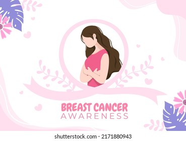 Breast Cancer Awareness Month Background Cartoon Illustration with Ribbon Pink and Woman for Disease Prevention Campaign or Healthcare