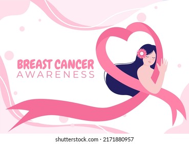 Mes de Concienciación sobre el Cáncer de Mama Caricatura Ilustración con cinta rosa y mujer para la campaña de prevención de enfermedades o atención de la salud