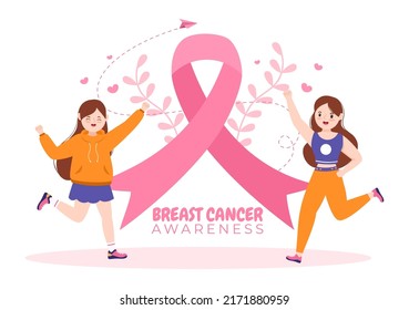 Breast Cancer Awareness Month Background Cartoon Illustration with Ribbon Pink and Woman for Disease Prevention Campaign or Healthcare